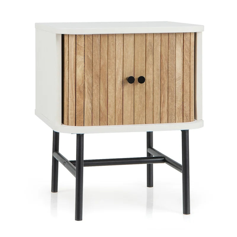 Mesa de noche con puerta corrediza, estilo moderno de mediados de siglo, negra/blanco desgastado, para 1 persona