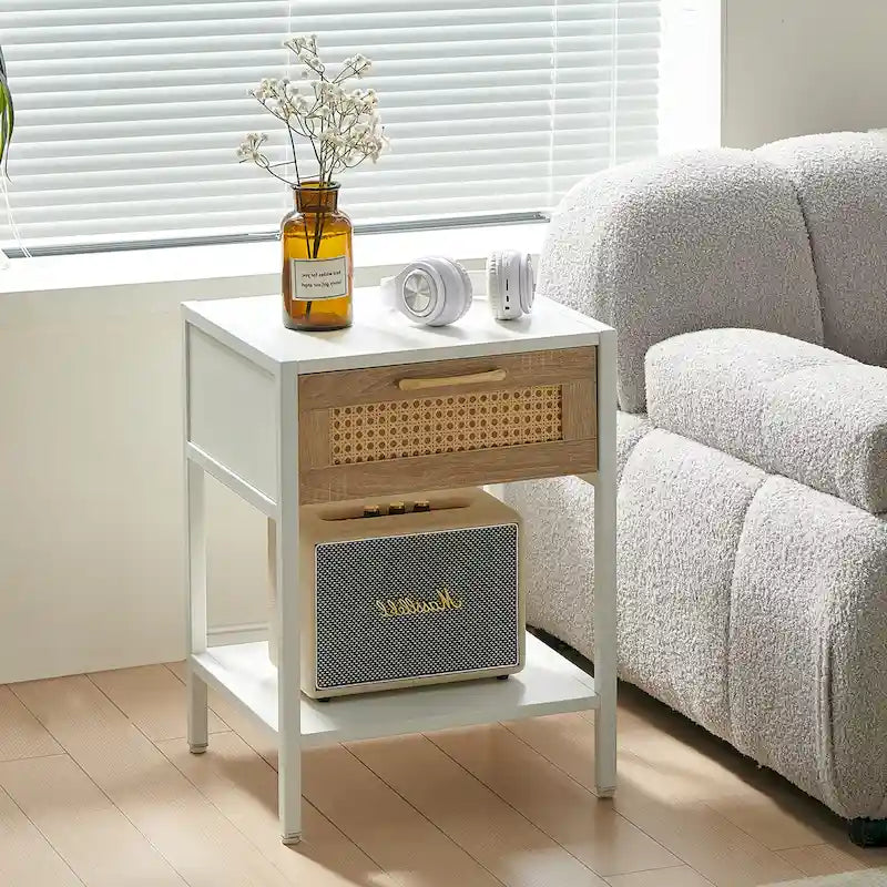 Blanco/Natural, Mesita de Noche Rattan con 1 Cajón, Individual