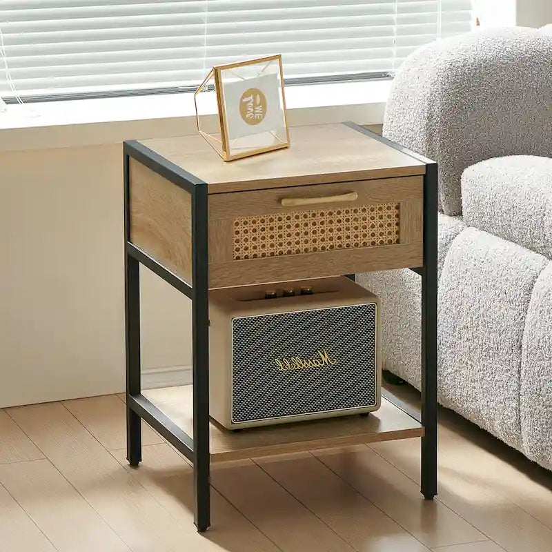 Blanco/Natural, Mesita de Noche Rattan con 1 Cajón, Individual