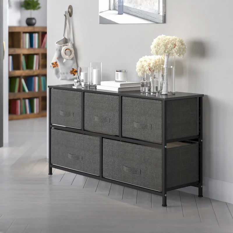 Cómoda de 5 cajones blanca/gris y negra/gris con tapa de madera, montaje para 1 persona