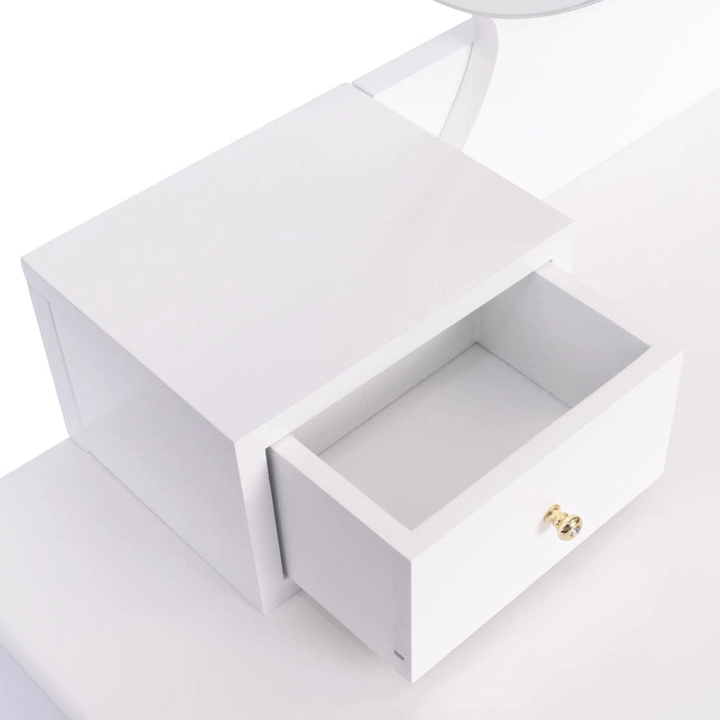 Tocador Blanco con Espejo LED, 4 Cajones y Taburete Acolchado – 1 Persona