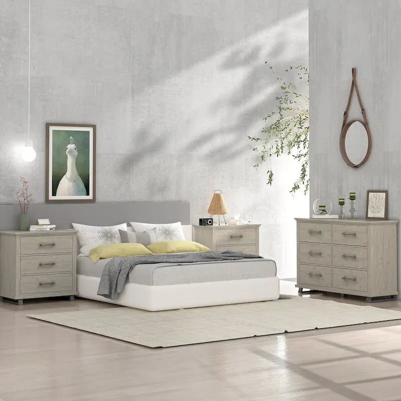 Juego de dormitorio rústico de 3 piezas (1 persona) en blanco antiguo/beige - 2 mesitas de noche y 1 cómoda
