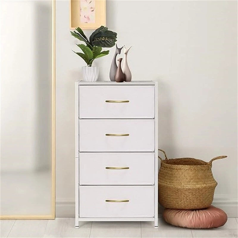 Cómoda de Almacenamiento de Tela y Metal de 4 Cajones – Blanco / Gris Claro / Roble Negro / Negro