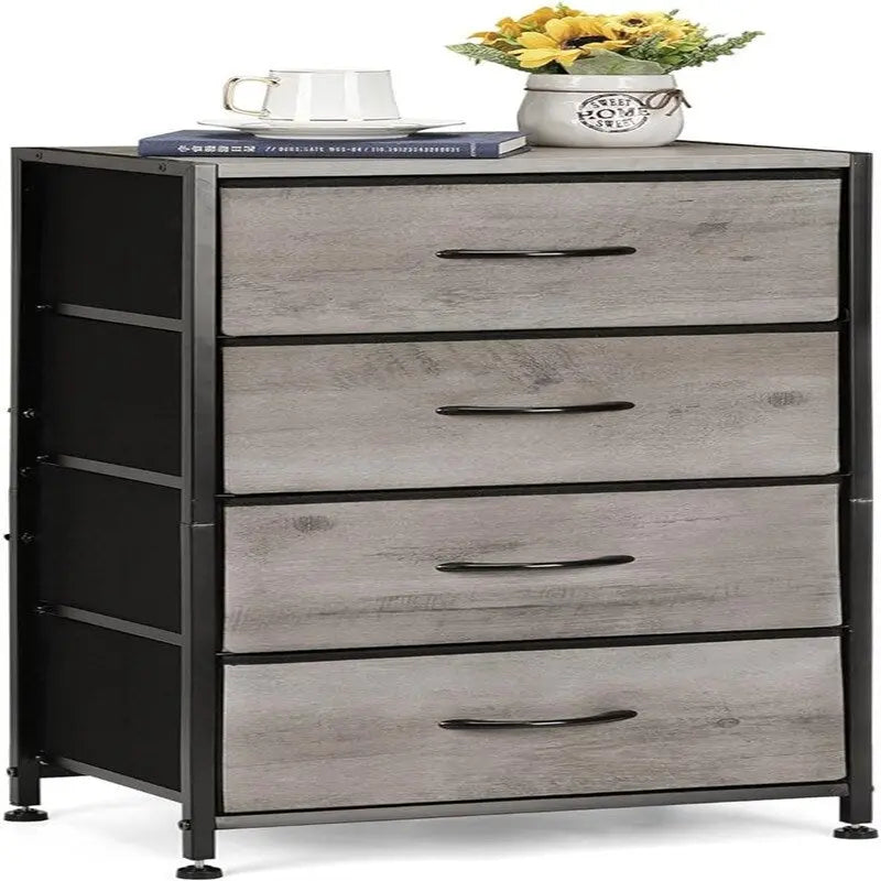 Cómoda de Almacenamiento de Tela y Metal de 4 Cajones – Blanco / Gris Claro / Roble Negro / Negro