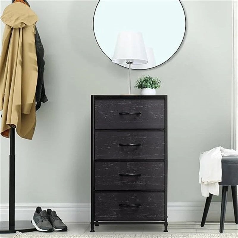 Cómoda de Almacenamiento de Tela y Metal de 4 Cajones – Blanco / Gris Claro / Roble Negro / Negro