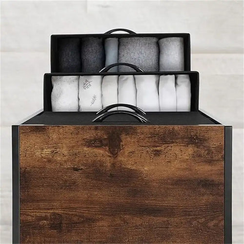 Cómoda de Almacenamiento de Tela y Metal de 4 Cajones – Blanco / Gris Claro / Roble Negro / Negro