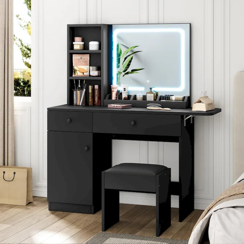 Tocador negro/marrón/blanco/blanquecino con espejo LED y taburete, 1 persona