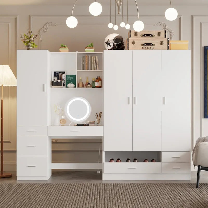 Juego de armario y tocador modernos blancos – Muebles de almacenamiento para dormitorio de 1 persona