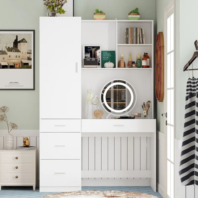 Juego de armario y tocador modernos blancos – Muebles de almacenamiento para dormitorio de 1 persona