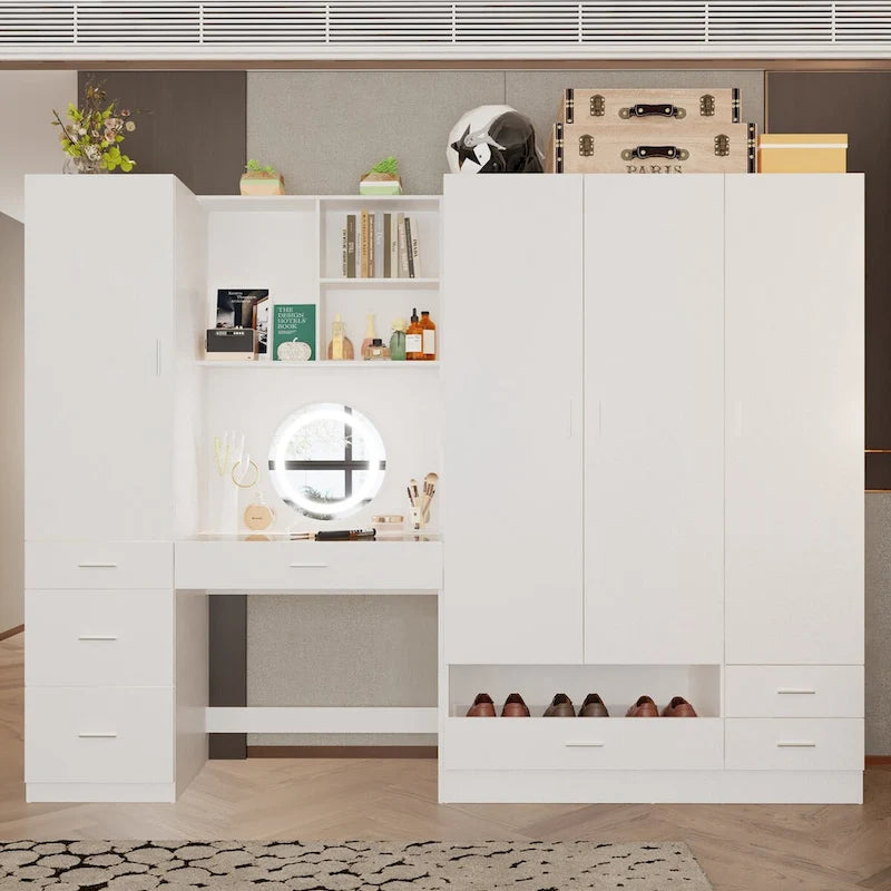 Juego de armario y tocador modernos blancos – Muebles de almacenamiento para dormitorio de 1 persona