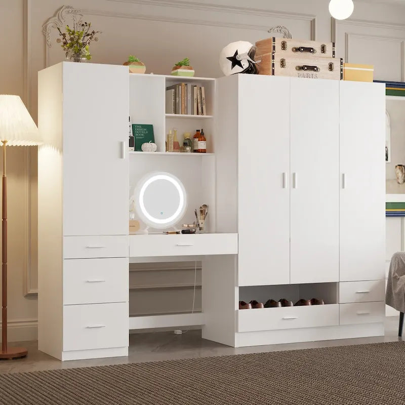 Juego de armario y tocador modernos blancos – Muebles de almacenamiento para dormitorio de 1 persona