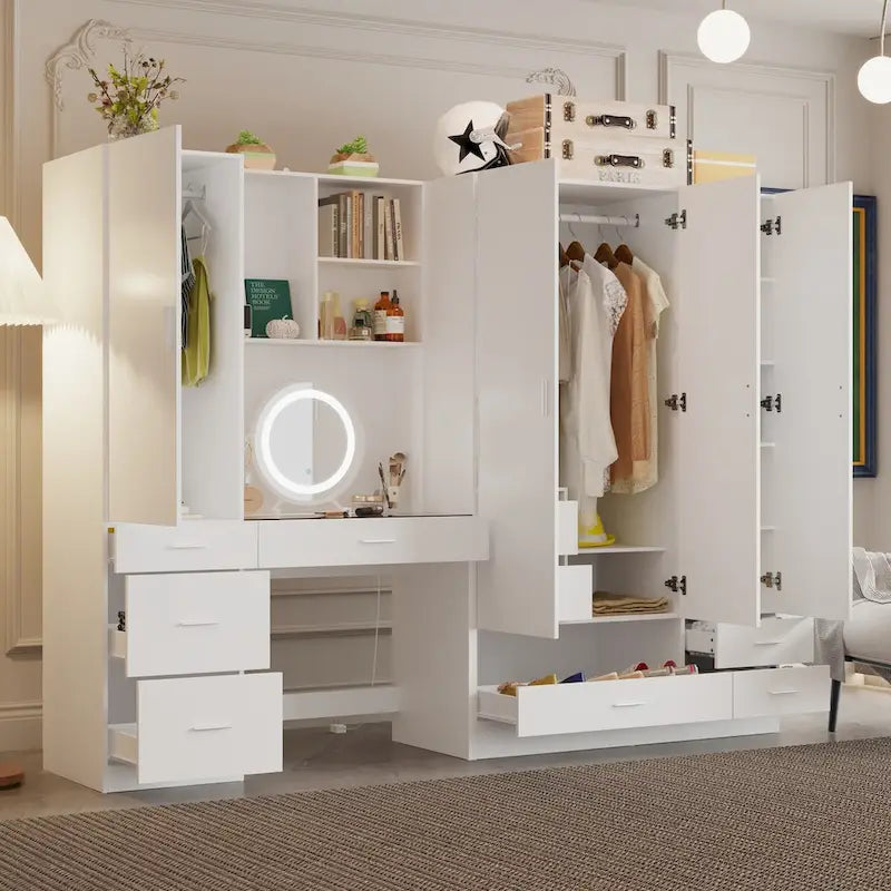 Juego de armario y tocador modernos blancos – Muebles de almacenamiento para dormitorio de 1 persona