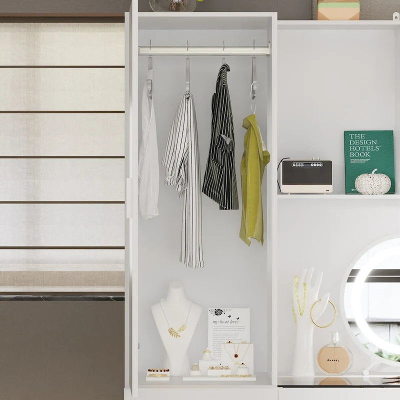Juego de armario y tocador modernos blancos – Muebles de almacenamiento para dormitorio de 1 persona