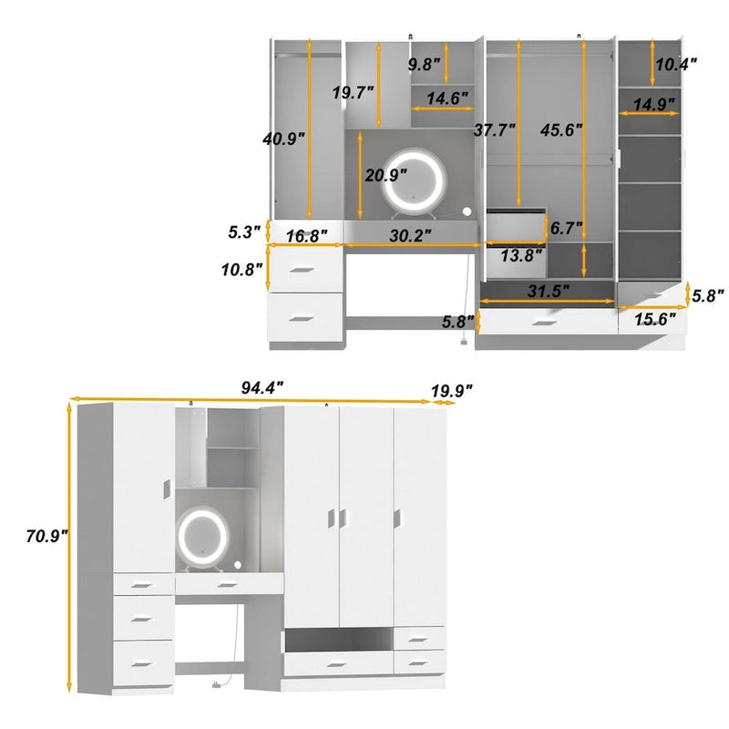 Juego de armario y tocador modernos blancos – Muebles de almacenamiento para dormitorio de 1 persona