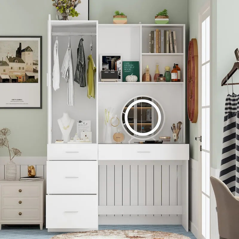 Juego de armario y tocador modernos blancos – Muebles de almacenamiento para dormitorio de 1 persona