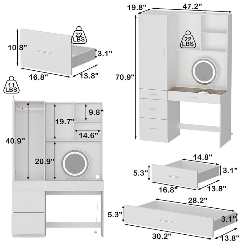 Juego de armario y tocador modernos blancos – Muebles de almacenamiento para dormitorio de 1 persona