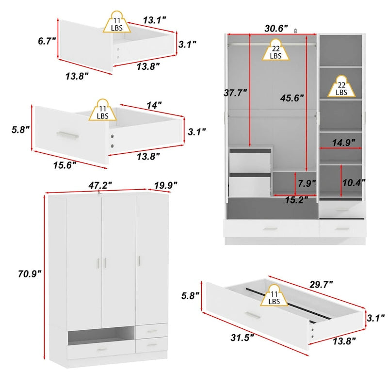 Juego de armario y tocador modernos blancos – Muebles de almacenamiento para dormitorio de 1 persona