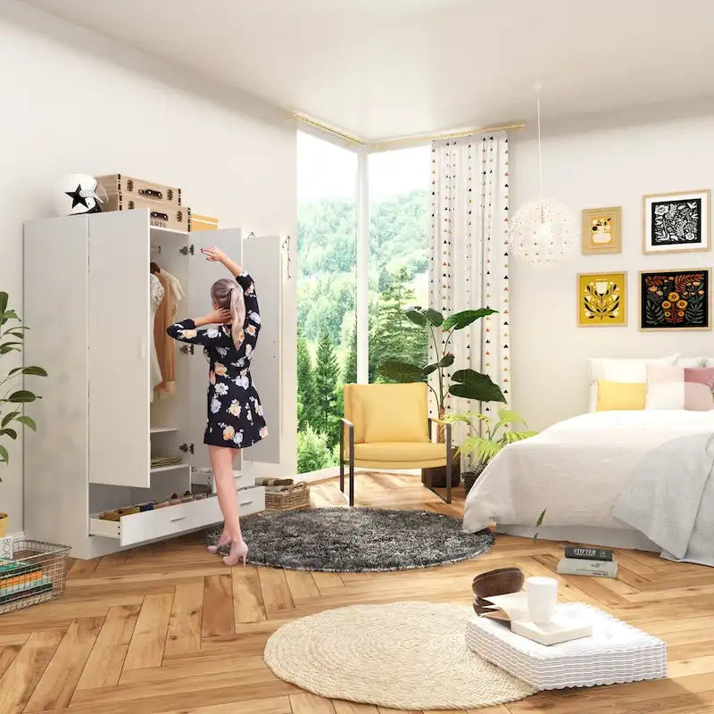 Juego de armario y tocador modernos blancos – Muebles de almacenamiento para dormitorio de 1 persona