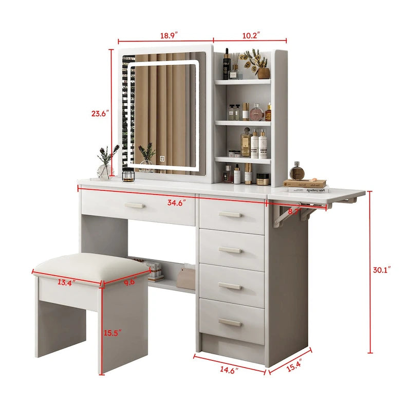 Tocador de maquillaje individual estilo americano blanco con silla, espejo LED, 5 cajones y estantes abiertos