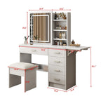 Tocador de maquillaje individual estilo americano blanco con silla, espejo LED, 5 cajones y estantes abiertos