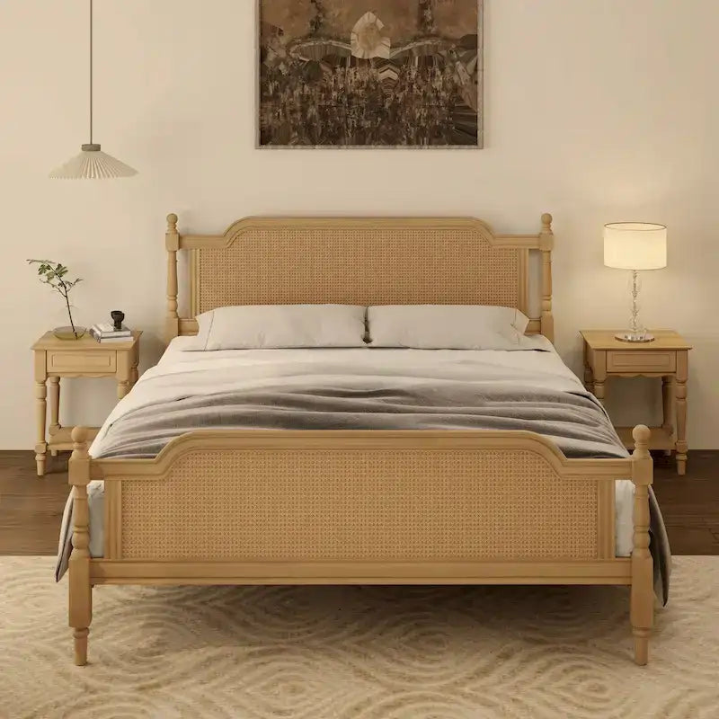 Estructura de cama de ratán y madera de pino, nogal/blanco antiguo, King/Queen, para 2 personas