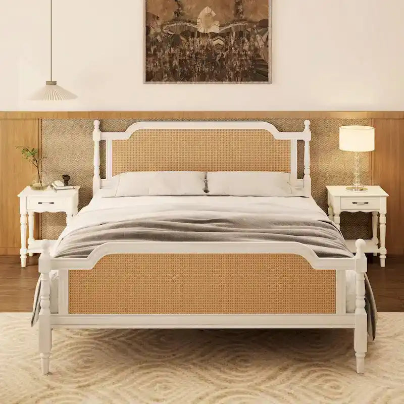 Estructura de cama de ratán y madera de pino, nogal/blanco antiguo, King/Queen, para 2 personas